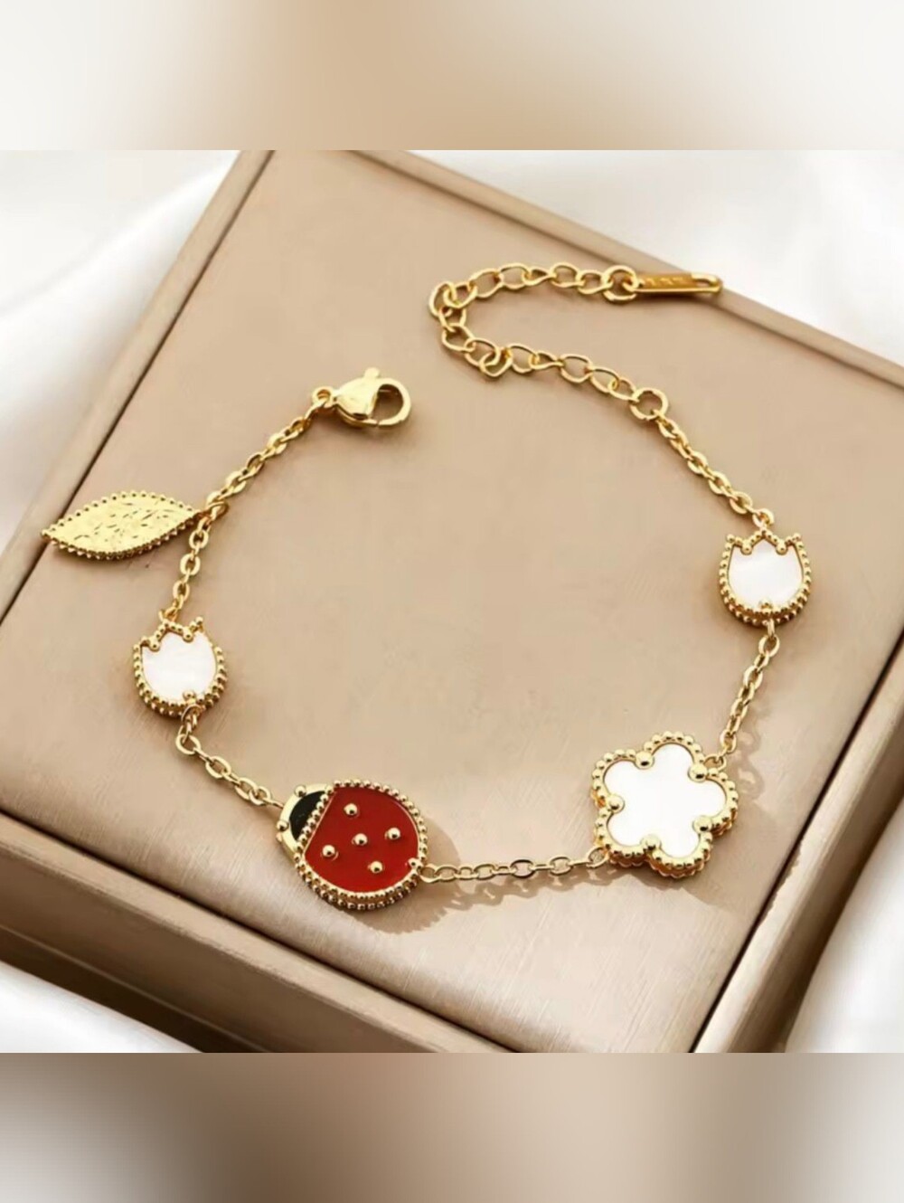 Gold-tone Bracelet with White Clover and Red Ladybug Accents - Picture 3 of 4